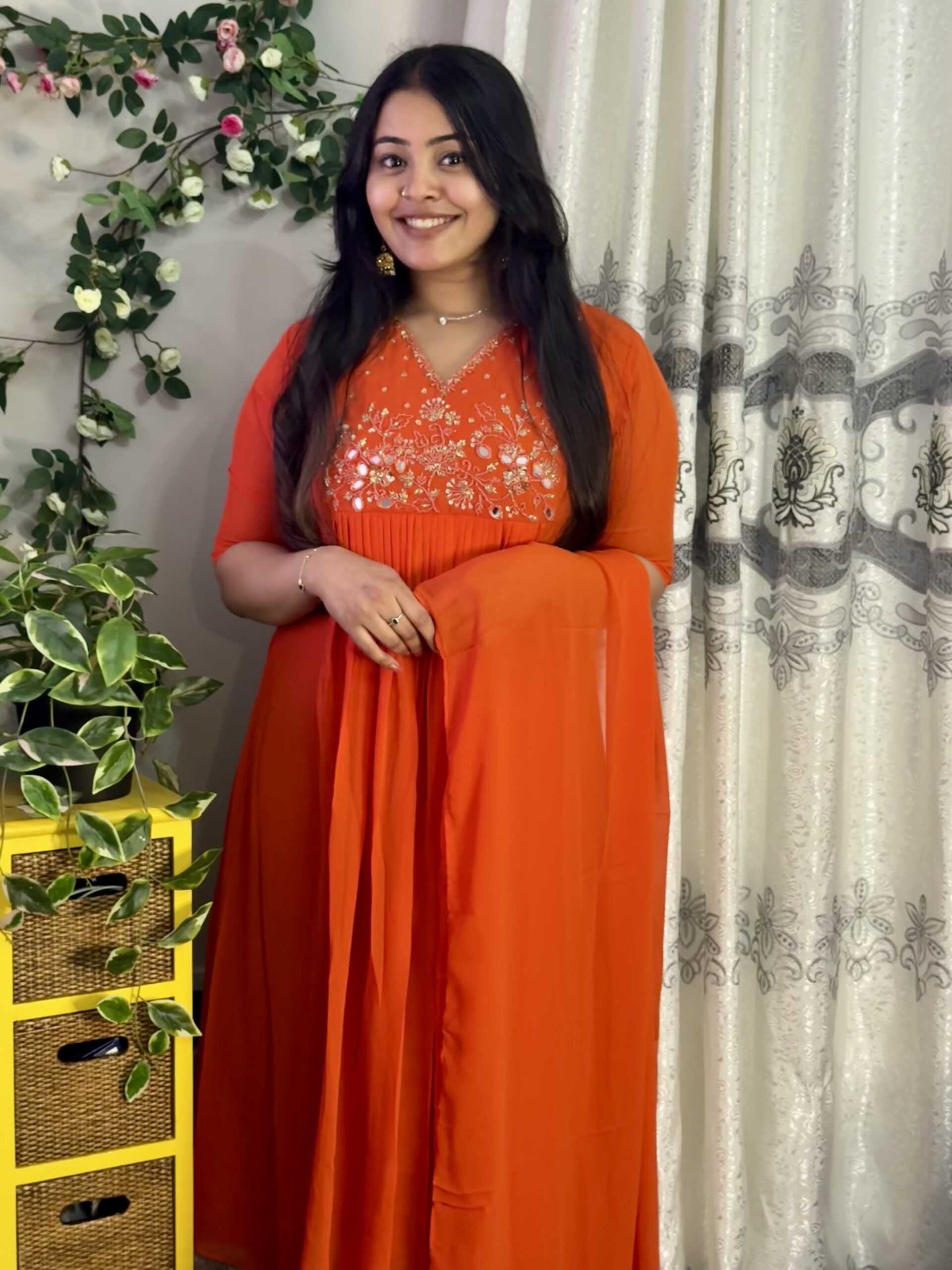 Heavy Handworked Pleated Kurthi & Dupatta Set - Orange