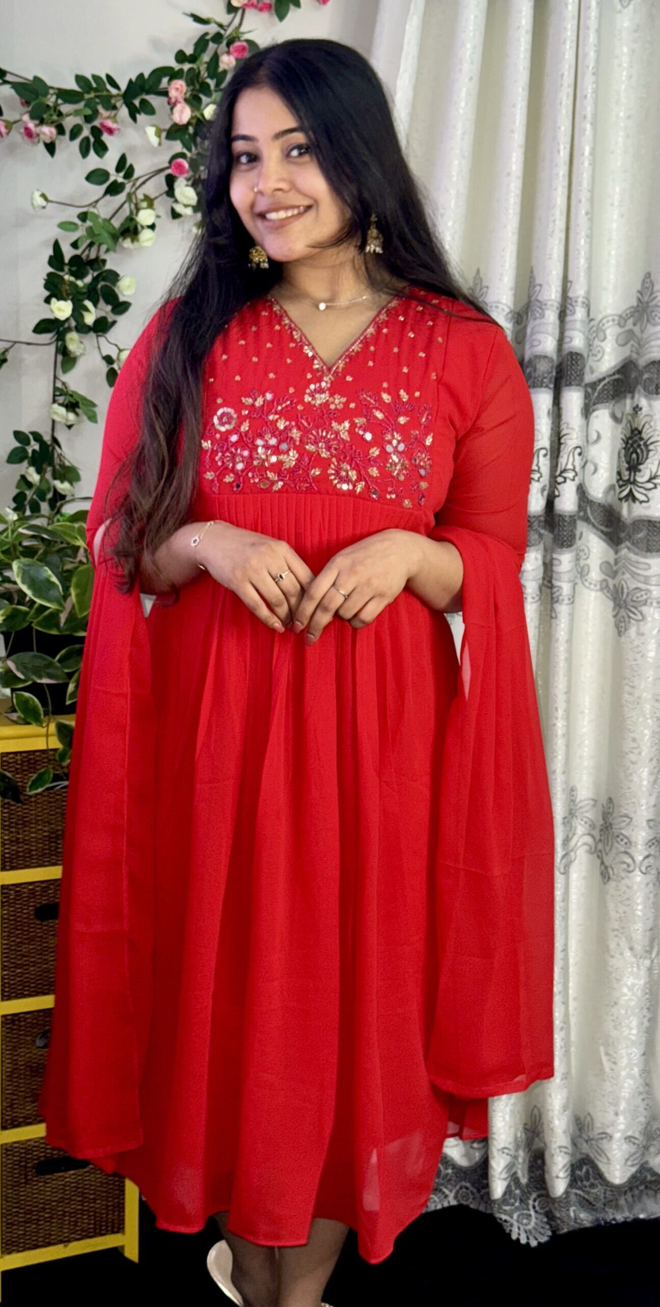 Heavy Handworked Pleated Kurthi & Dupatta Set -  Red