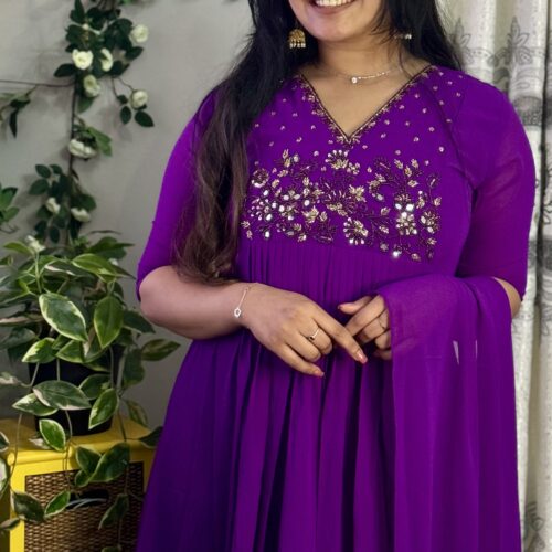 Heavy Handworked Pleated Kurthi & Dupatta Set -  Purple