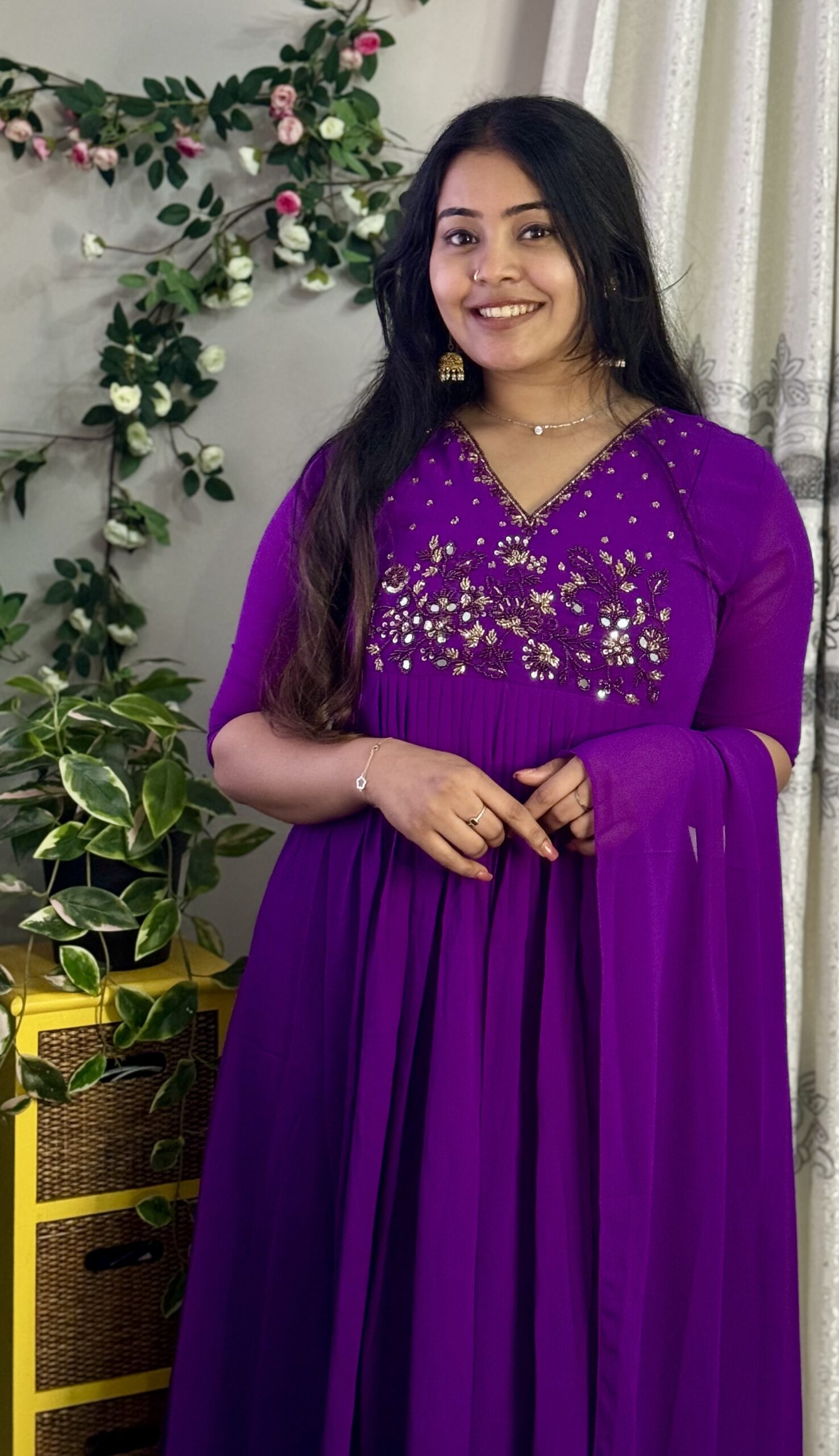 Heavy Handworked Pleated Kurthi & Dupatta Set -  Purple