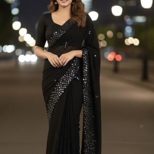 Mirror Work Saree With Stitched Blouse - Black