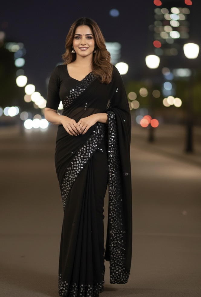 Mirror Work Saree With Stitched Blouse - Black