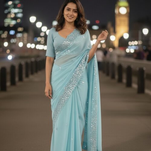 Mirror Work Saree With Stitched Blouse - Powder Blue