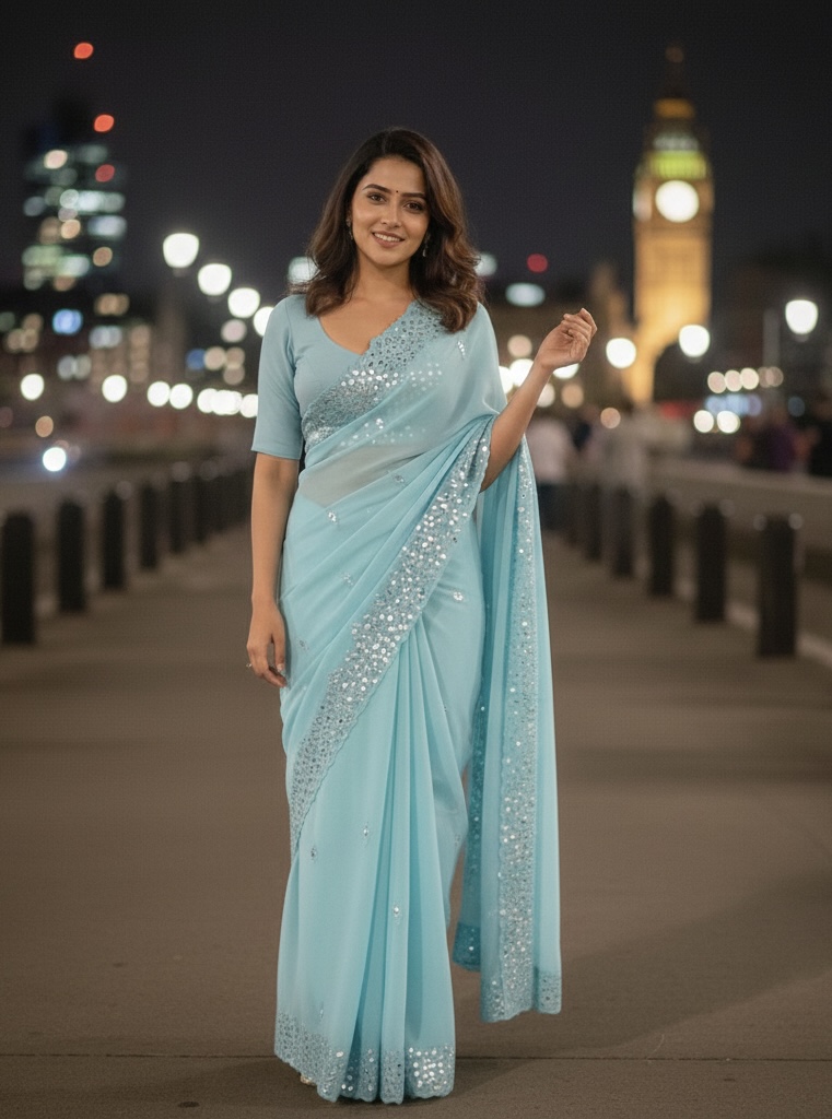 Mirror Work Saree With Stitched Blouse - Powder Blue
