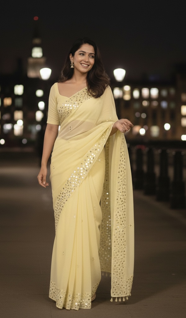Mirror Work Saree With Stitched Blouse - Cream
