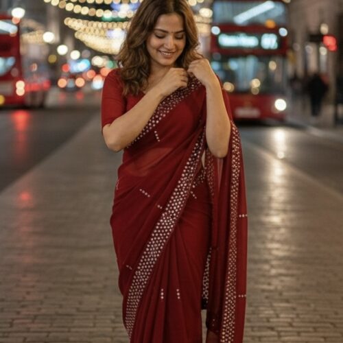 Mirror Work Saree With Stitched Blouse - Maroon