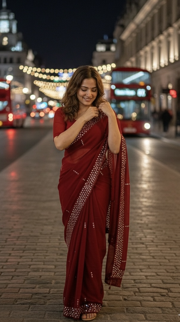 Mirror Work Saree With Stitched Blouse - Maroon