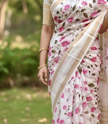 Lotus Print Saree Zari Border Woven Saree