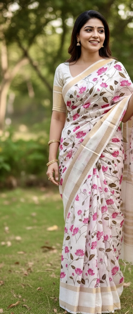 Lotus Print Saree Zari Border Woven Saree