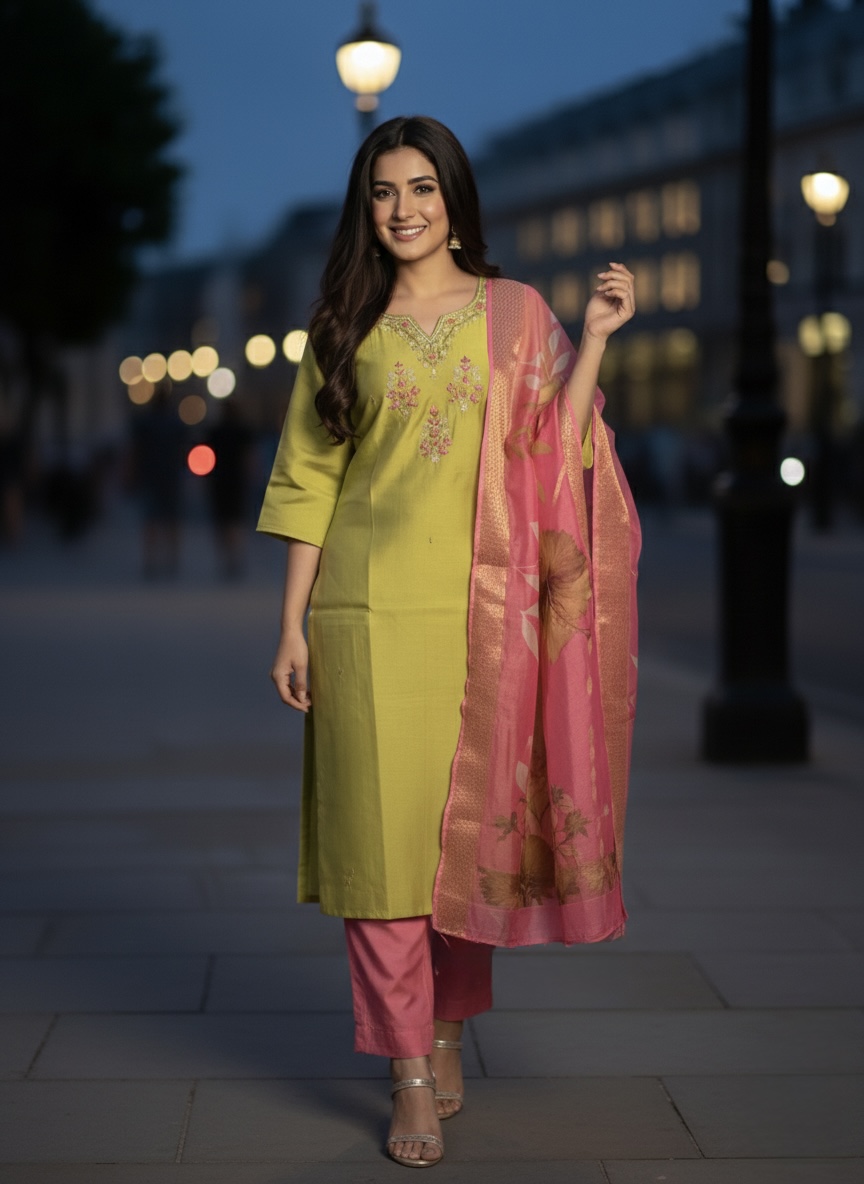 Elegant Lime Green Kurta Set with floral Printed Dupatta
