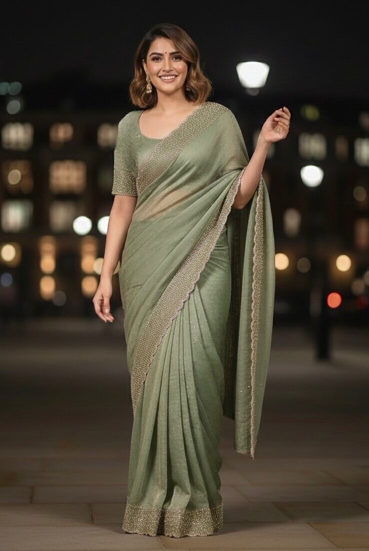 SpaceSilk Saree With Stitched Blouse - Melatic Green