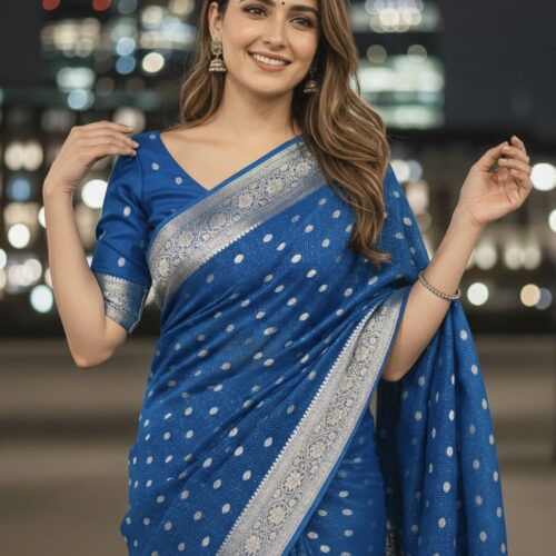 Viscose chinon  Saree with beautiful Zari border -  Teal blue