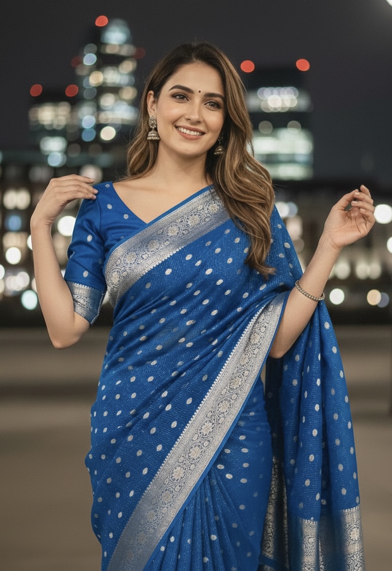 Viscose chinon  Saree with beautiful Zari border -  Teal blue