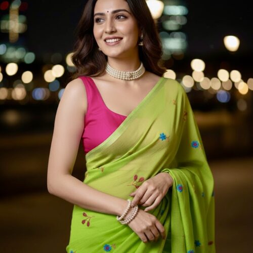 Multi Floral Embroidery MulMul Cotton Saree - Parrot Green