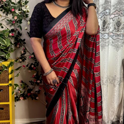 Red & Black Ajrakh Print Modal Saree