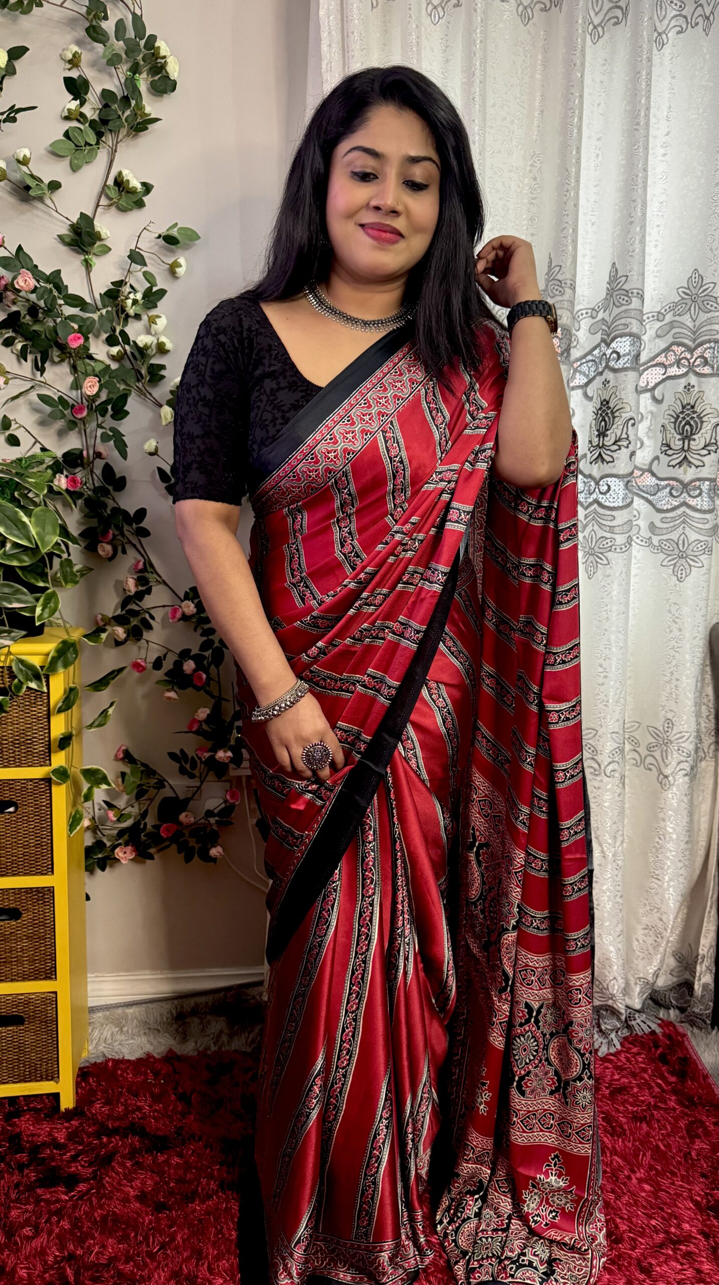 Red & Black Ajrakh Print Modal Saree