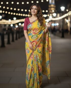Georgette Floral Saree -Yellow