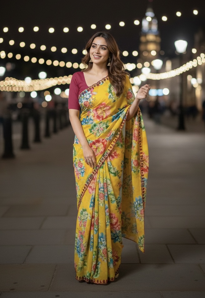 Georgette Floral Saree -Yellow