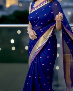 Heart Embroidery MulMul Cotton Saree - Navy Blue