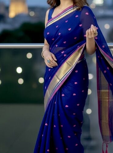 Heart Embroidery MulMul Cotton Saree - Navy Blue