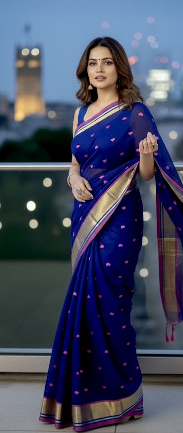 Heart Embroidery MulMul Cotton Saree - Navy Blue