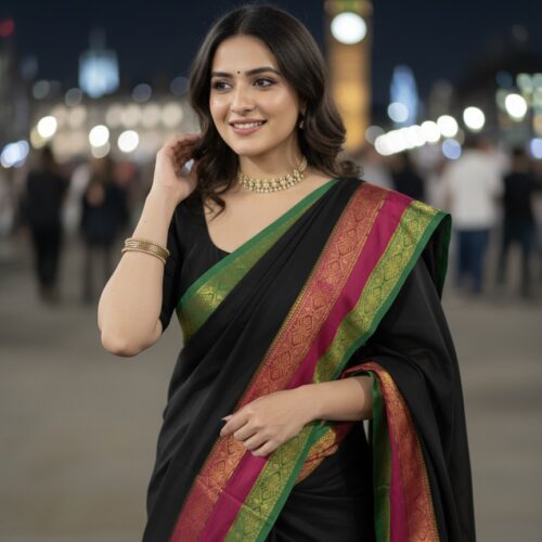 Kanchi Border MulMul Cotton Saree -Black