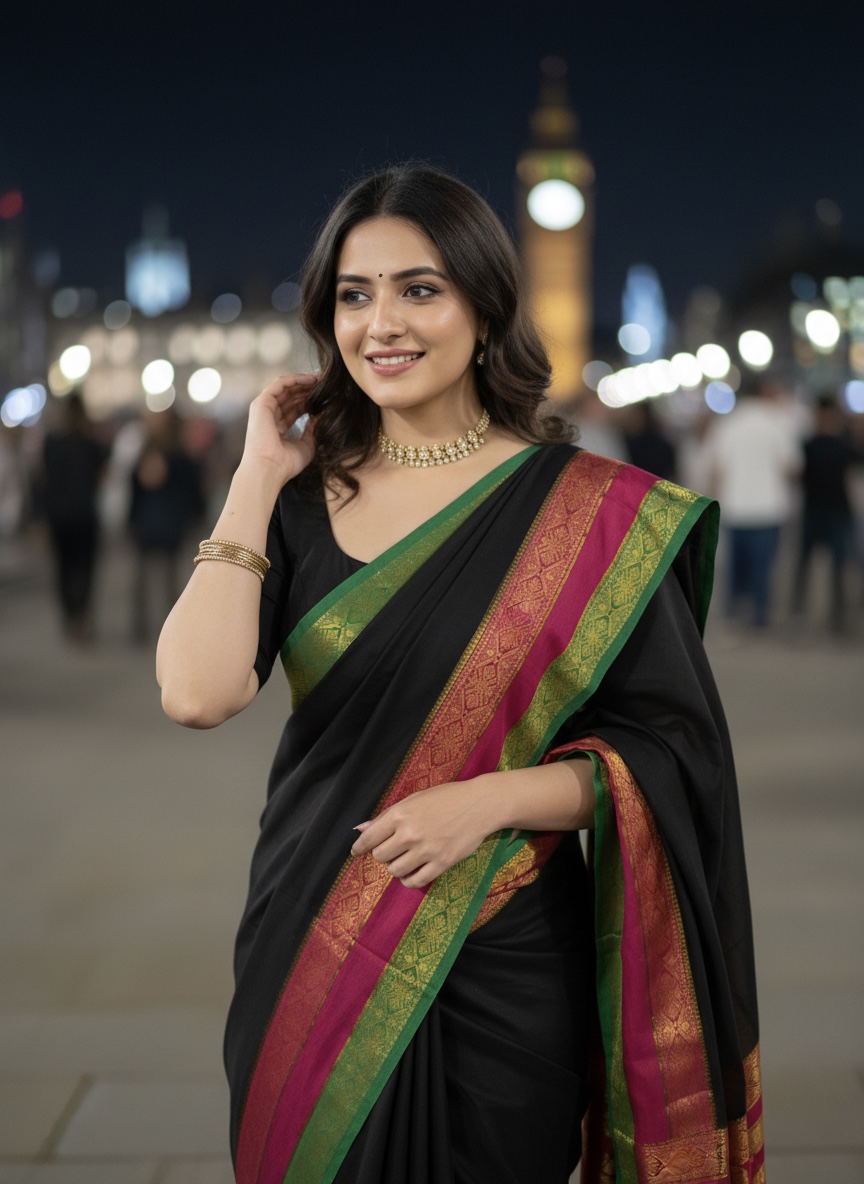 Kanchi Border MulMul Cotton Saree -Black