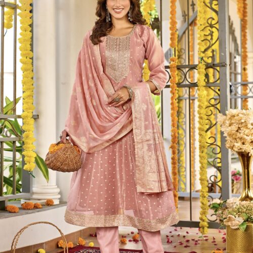 Designer Panel-Cut Tissue Silk Suit with Embroidery - Pastel Pink