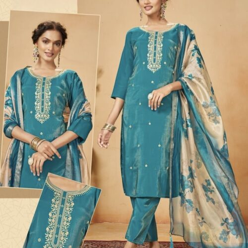 Teal blue Kurta Set with floral Printed Dupatta