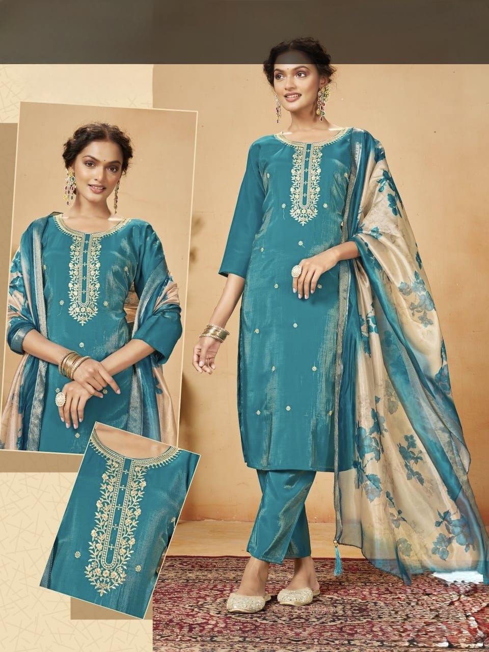 Teal blue Kurta Set with floral Printed Dupatta