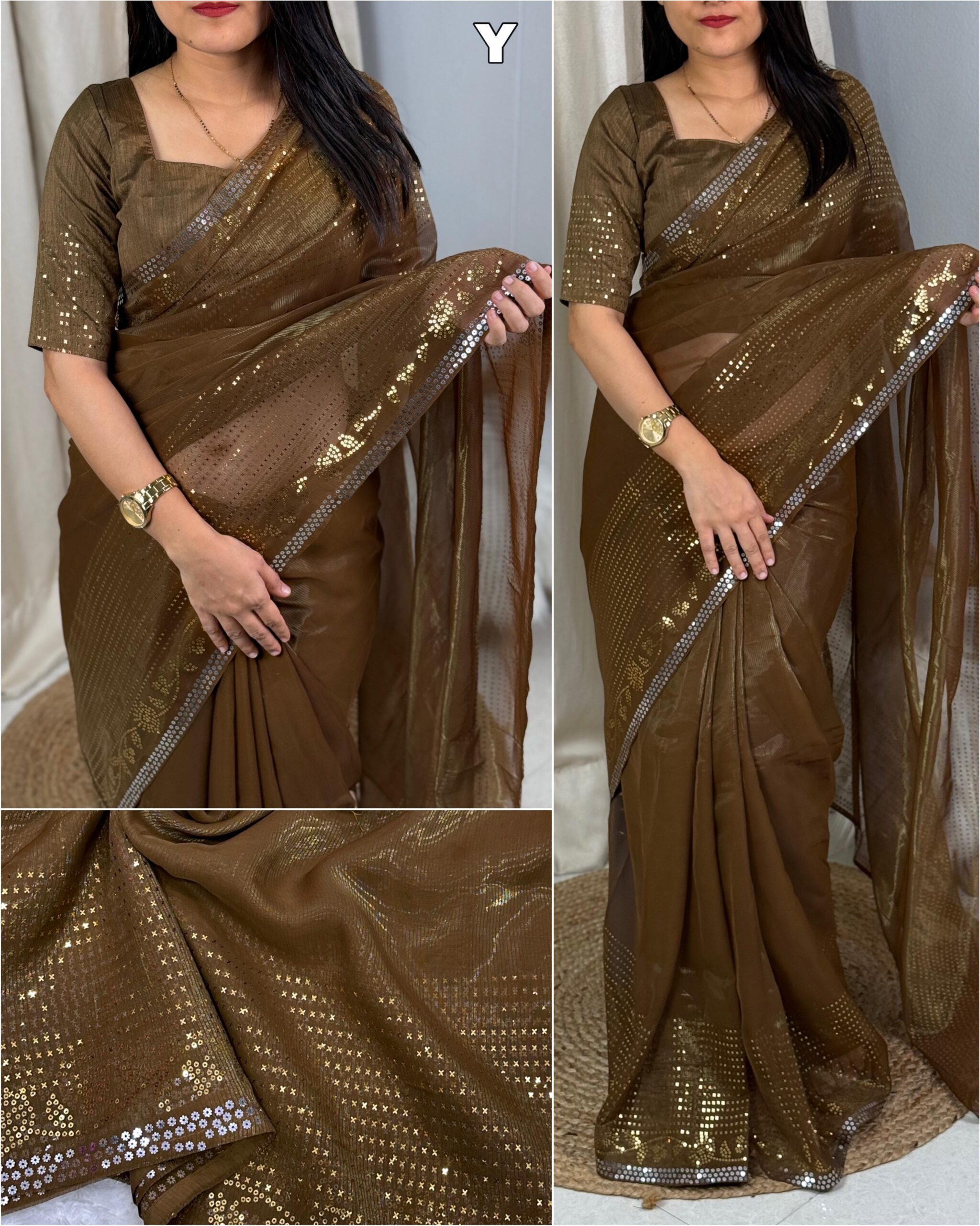 Shimmer Georgette Sparkle Saree - Brown