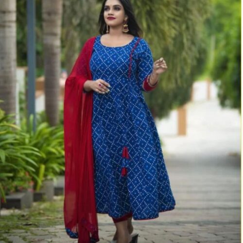 Cotton Bandhini Kurta Set - Blue