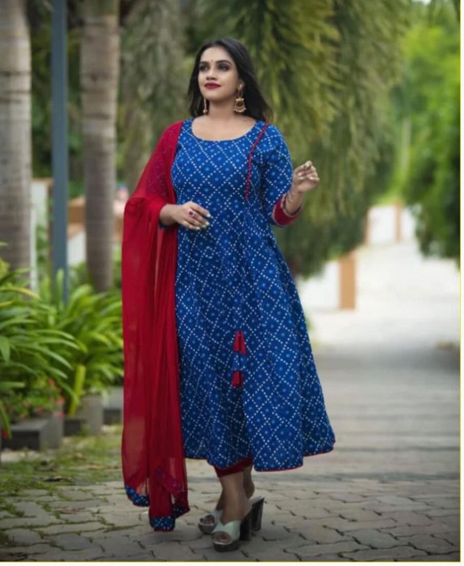 Cotton Bandhini Kurta Set - Blue