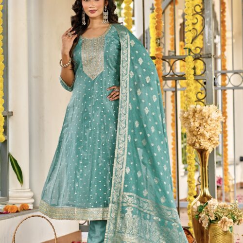 Designer Panel-Cut Tissue Silk Suit with Embroidery - Aqua Green