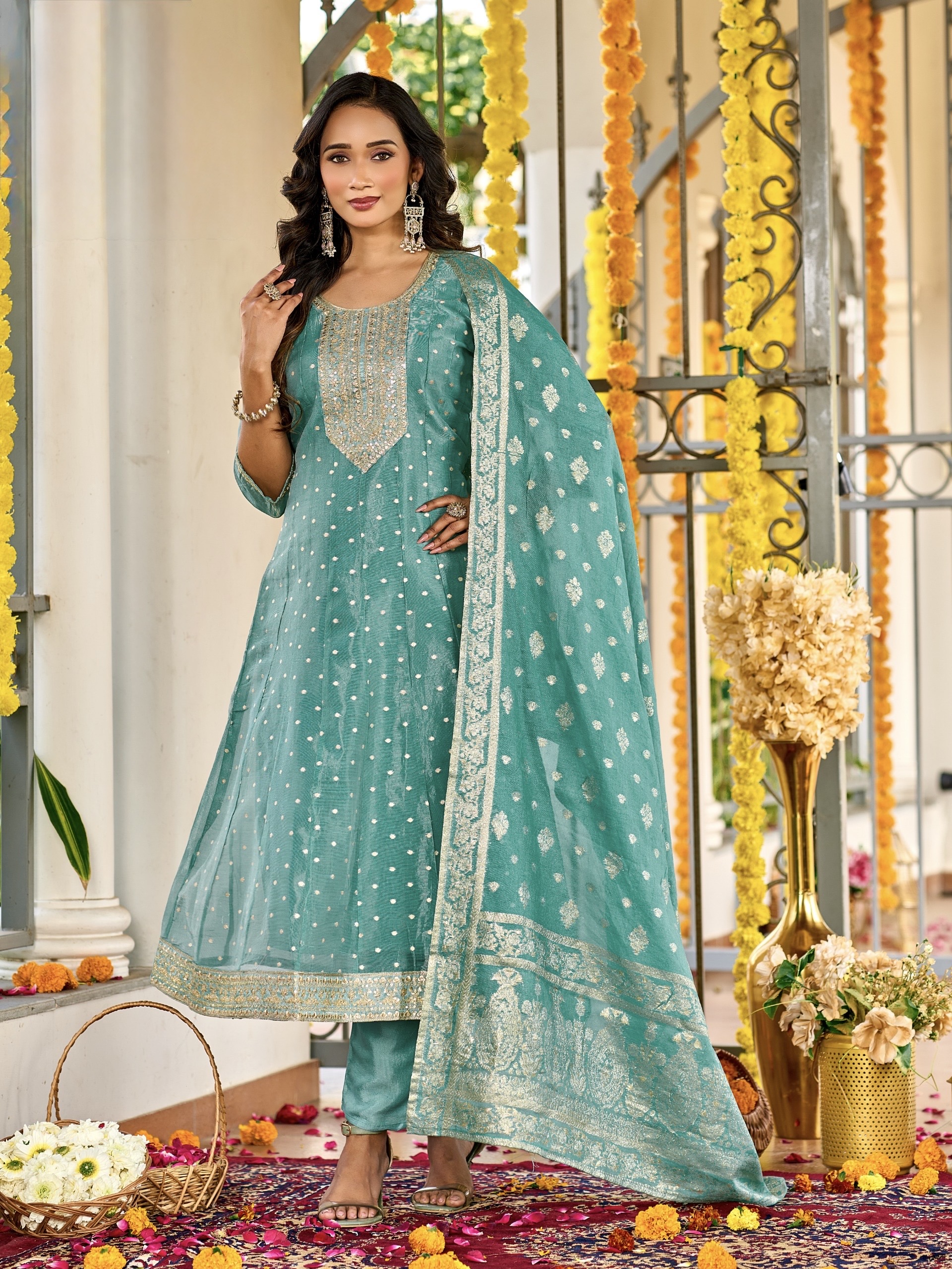 Designer Panel-Cut Tissue Silk Suit with Embroidery - Aqua Green