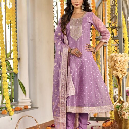 Designer Panel-Cut Tissue Silk Suit with Embroidery - Pastel Lavender