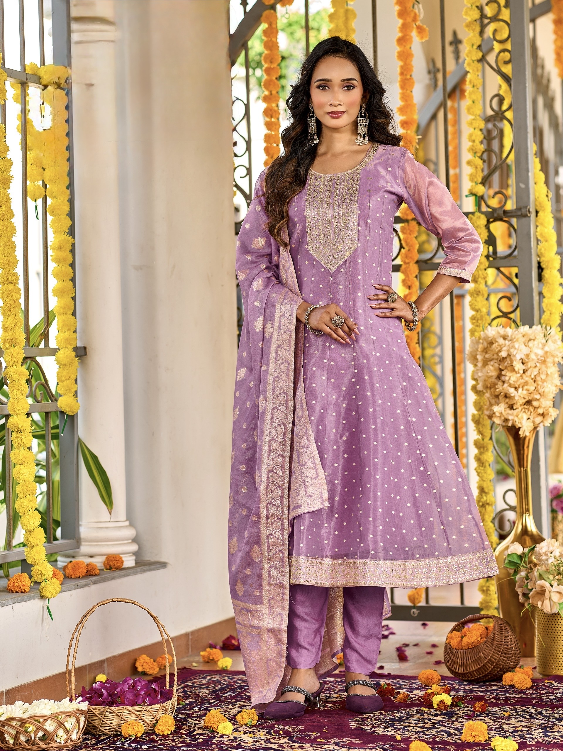 Designer Panel-Cut Tissue Silk Suit with Embroidery - Pastel Lavender