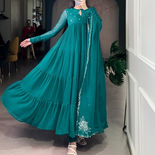 Beautifull Teal Blue Layered Anarkali Set