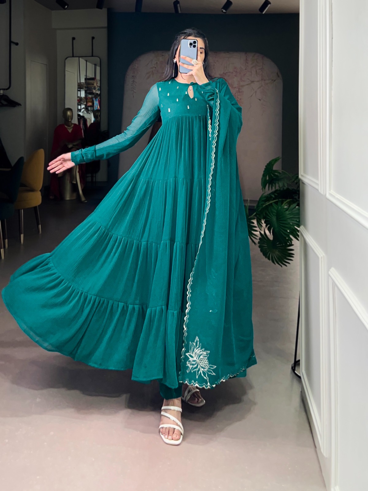 Beautifull Teal Blue Layered Anarkali Set