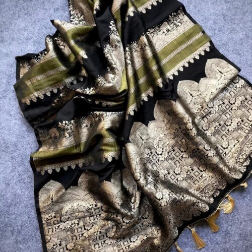 Khaki Silk Saree - Blackb & Olive Green