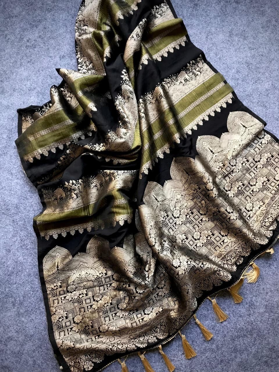 Khaki Silk Saree - Blackb & Olive Green