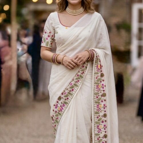 Floral Embroidery Mul Cotton Saree with Stitched Blouse - Off White