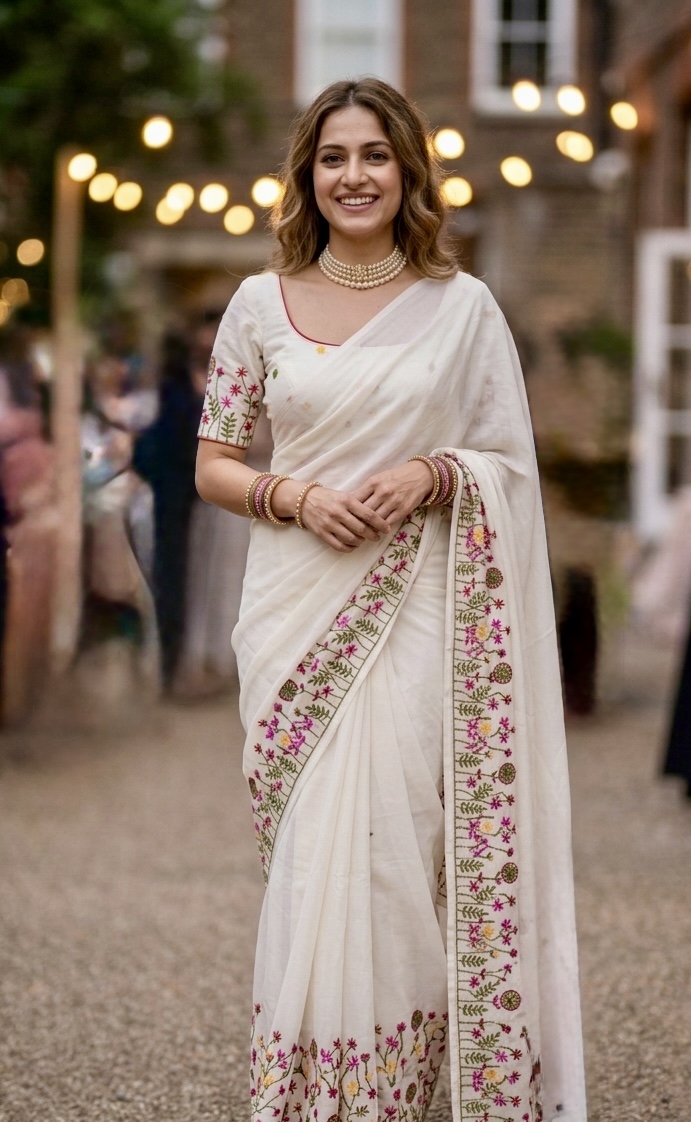 Floral Embroidery Mul Cotton Saree with Stitched Blouse - Off White