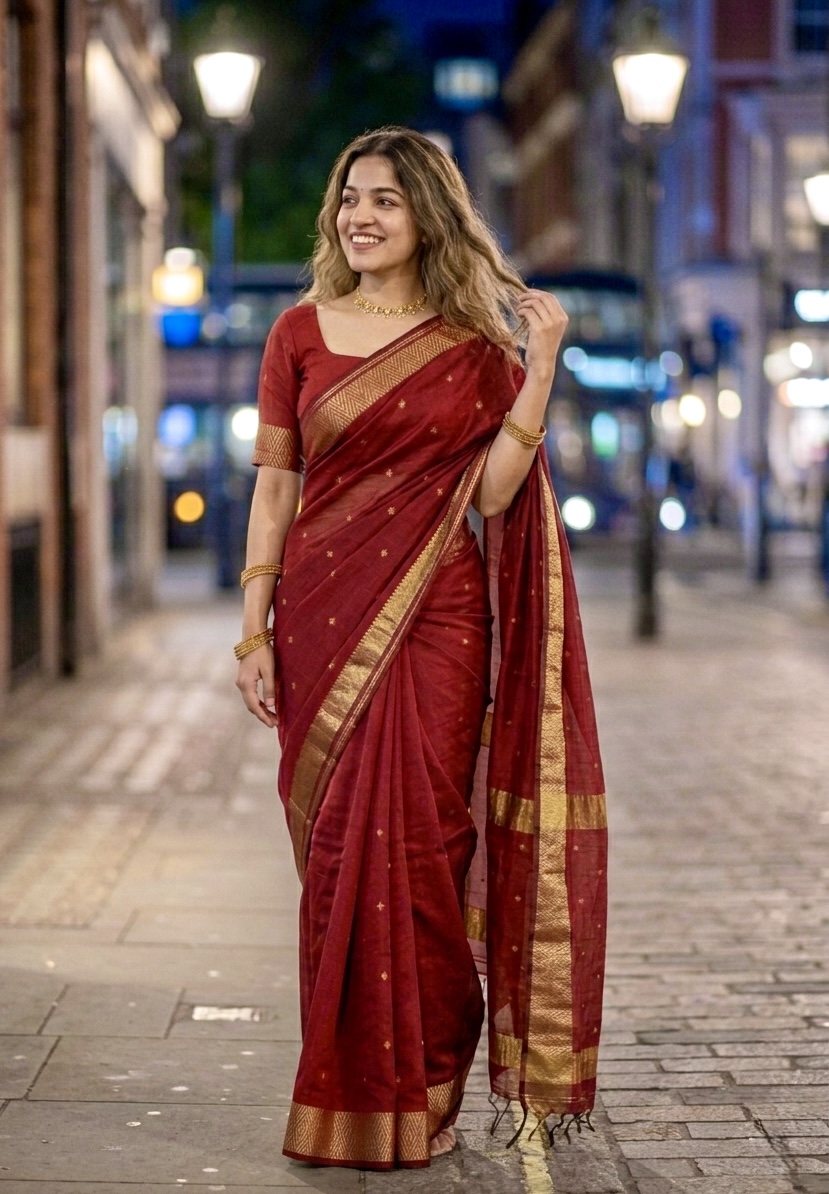 Maheshwari Cotton Silk Saree - with stitched blouse - Red