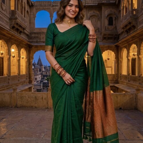 Khadi Cotton Saree - with stitched blouse - Bottle Green