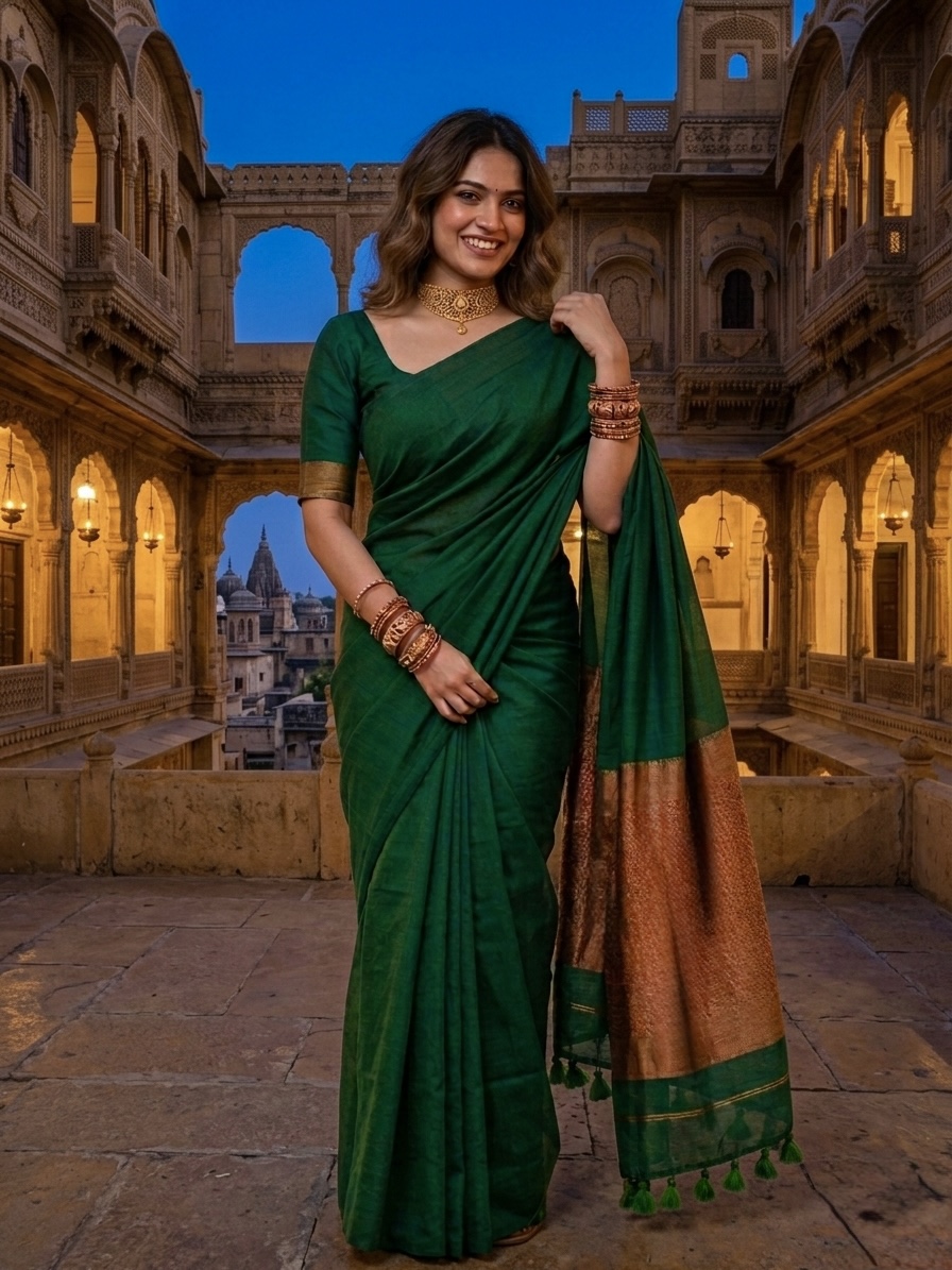Khadi Cotton Saree - with stitched blouse - Bottle Green
