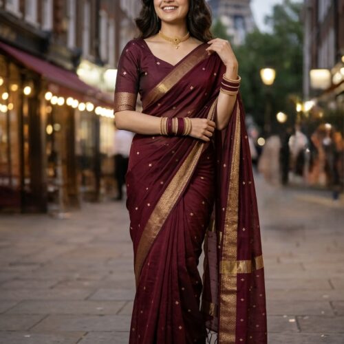 Maheshwari Cotton Silk Saree - with stitched blouse - Maroon