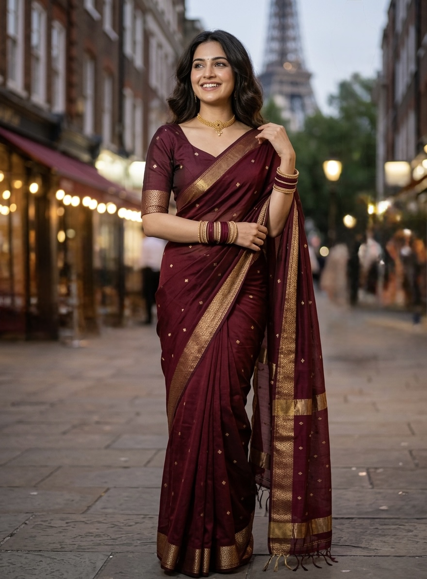 Maheshwari Cotton Silk Saree - with stitched blouse - Maroon