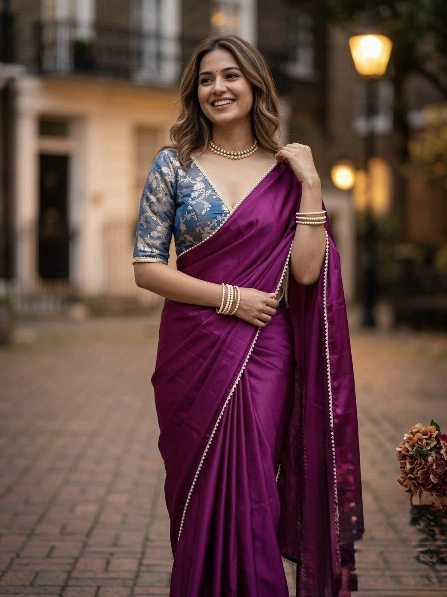 Italian Moss Silk Saree With Brocade Stitched Blouse - Purple
