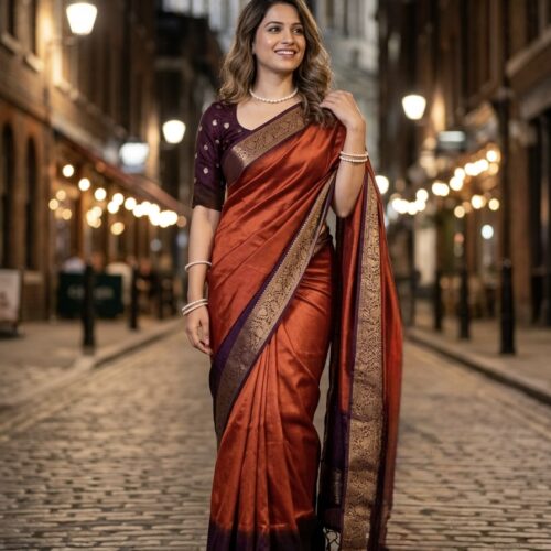 Dola Silk Saree - Orange & Brown